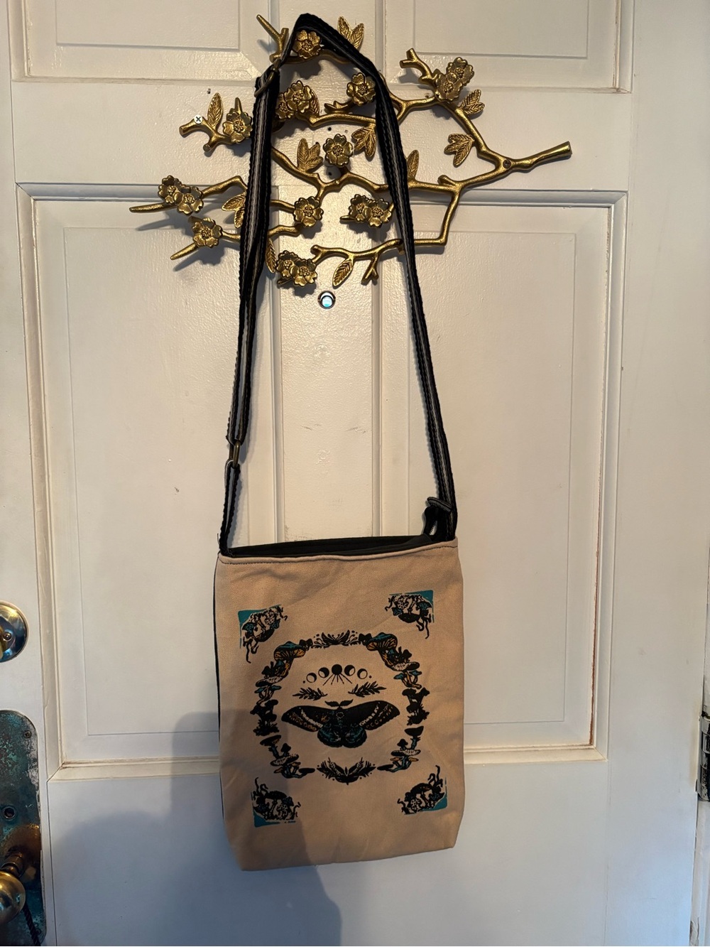 Canvas Crossbody Bag with Moth Print - Beige